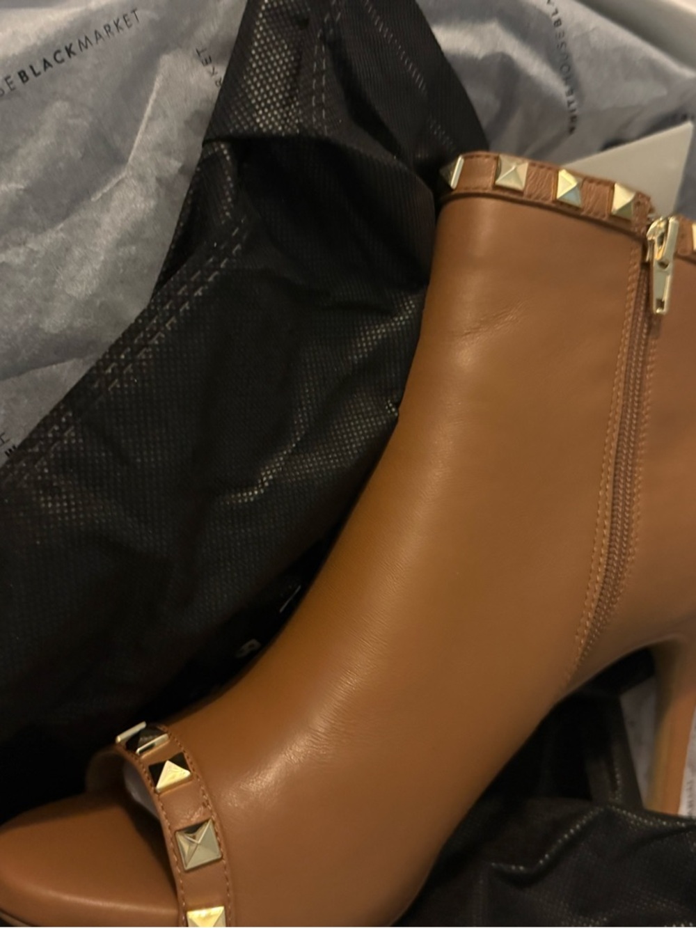 White House Black Market Tan Studded Peep-Toe Ankle Boots